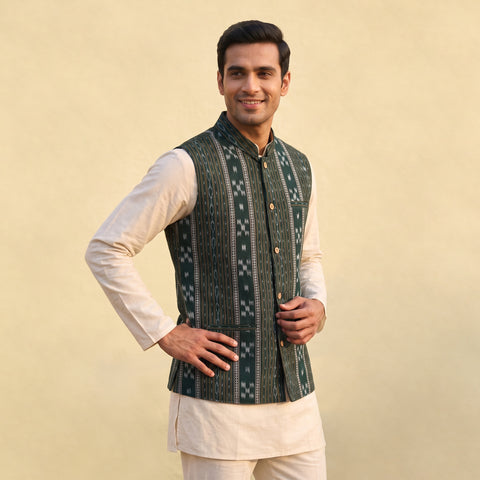 Sambalpuri Ikat Weave Cotton Men Nehru Jacket 12
