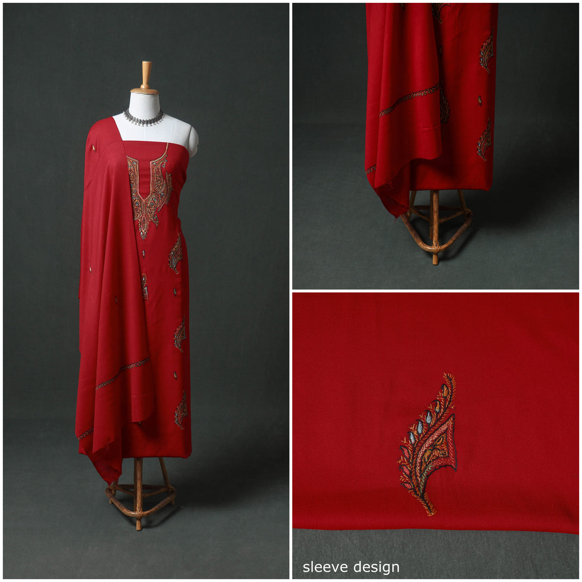 Kashmiri Sozni Hand Embroidered Pure Merino Wool Unstitched Dress Material: Kurta, Bottom with Dupatta 14