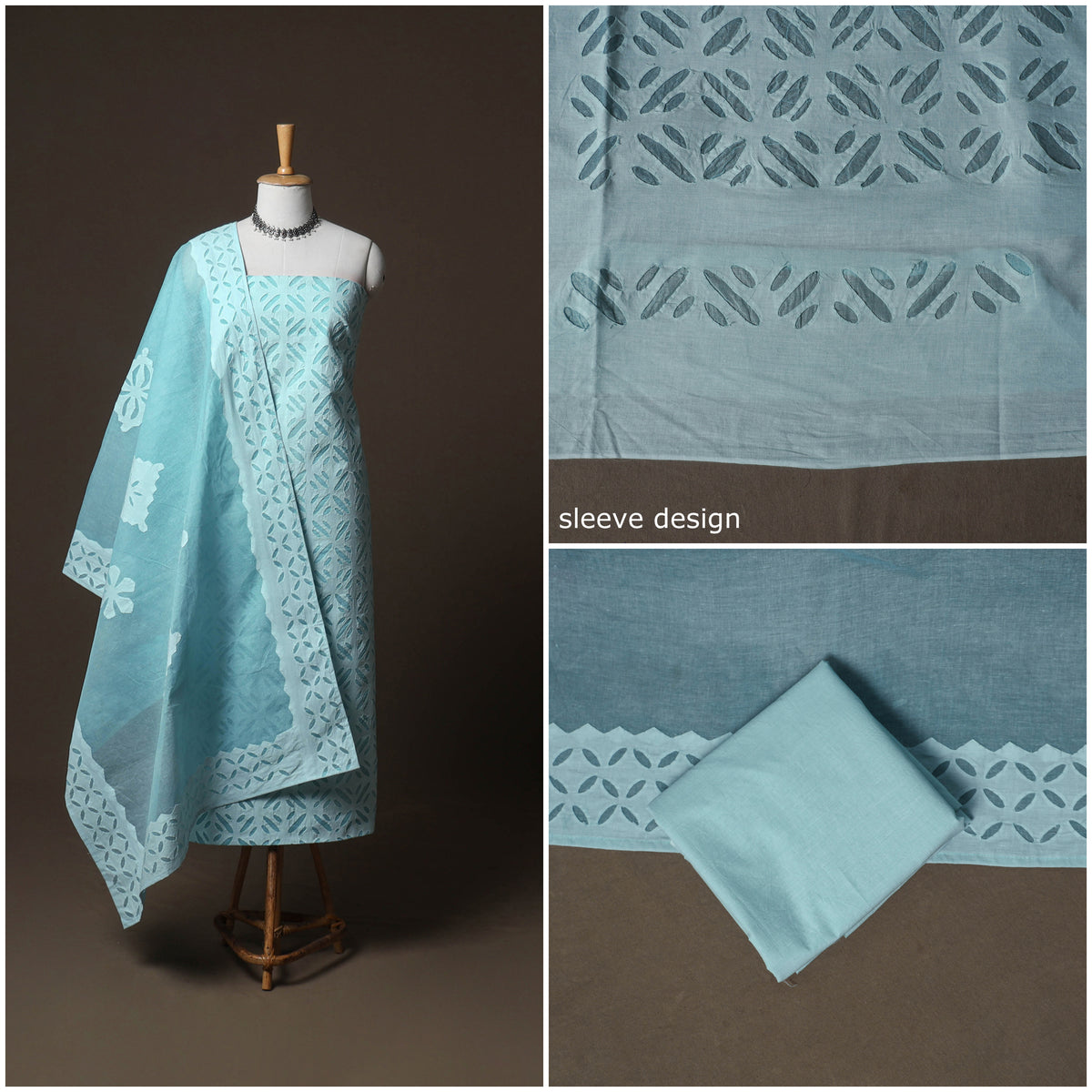 Applique Cutwork Cotton Unstitched Dress Material: Kurta, Bottom & Dupatta 15