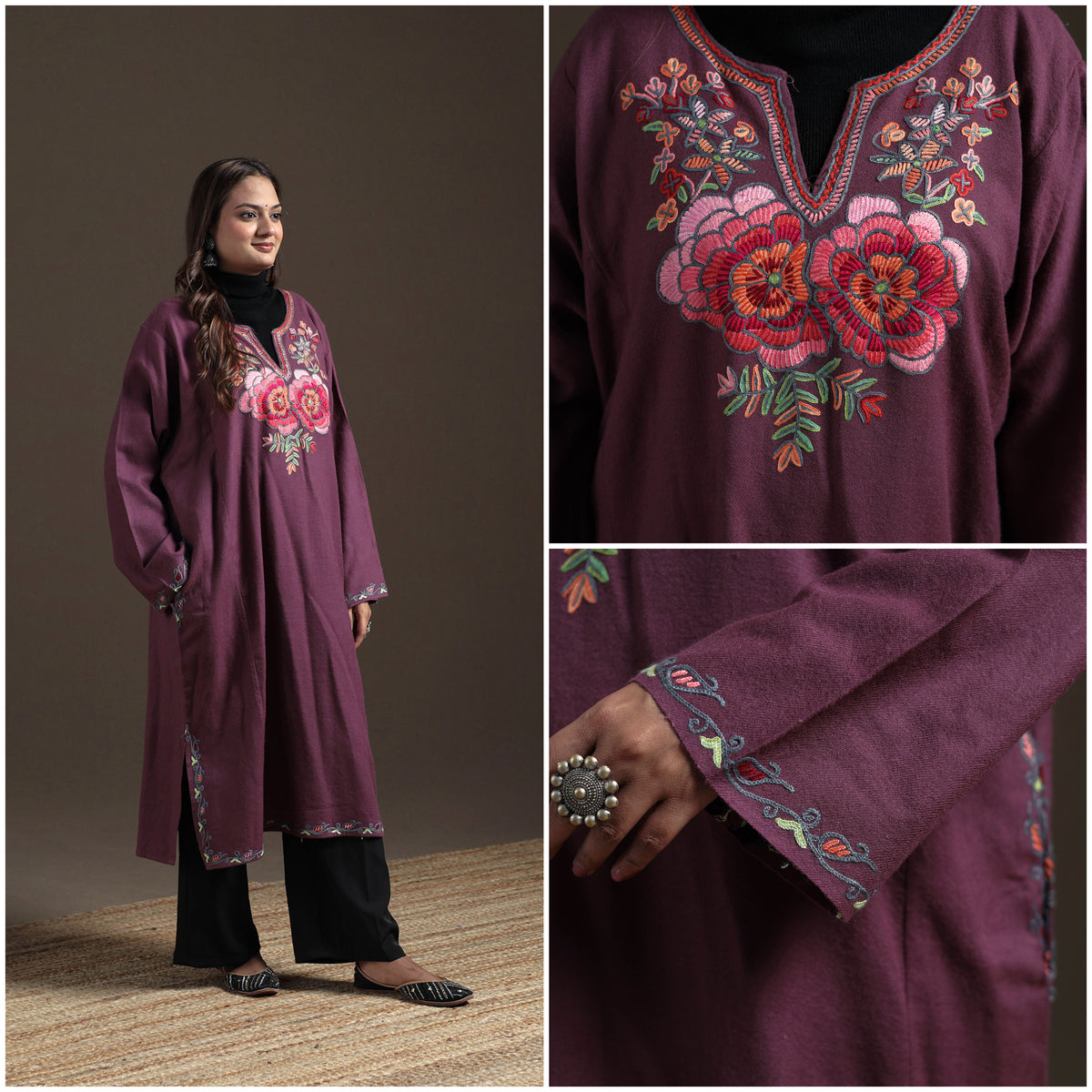 Kashmiri Aari Hand Embroidered Handwoven Merino Wool Pheran 14