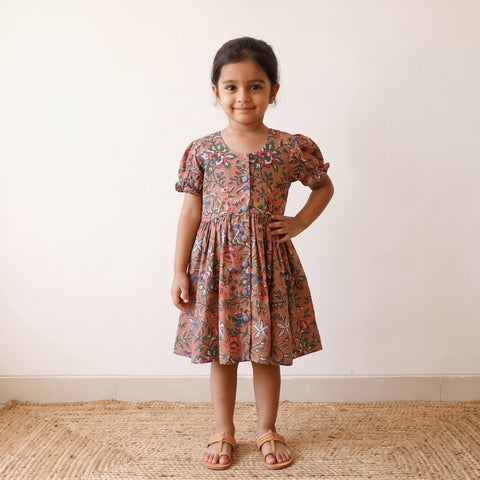 Peach - Pure Cotton Girls Frock Dress in Sanganeri Floral Prints (3-4 Years) 13