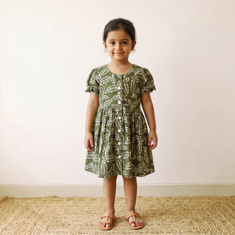 Green - Pure Cotton Girls Frock Dress in Batik Block Prints (3-4 Years) 51