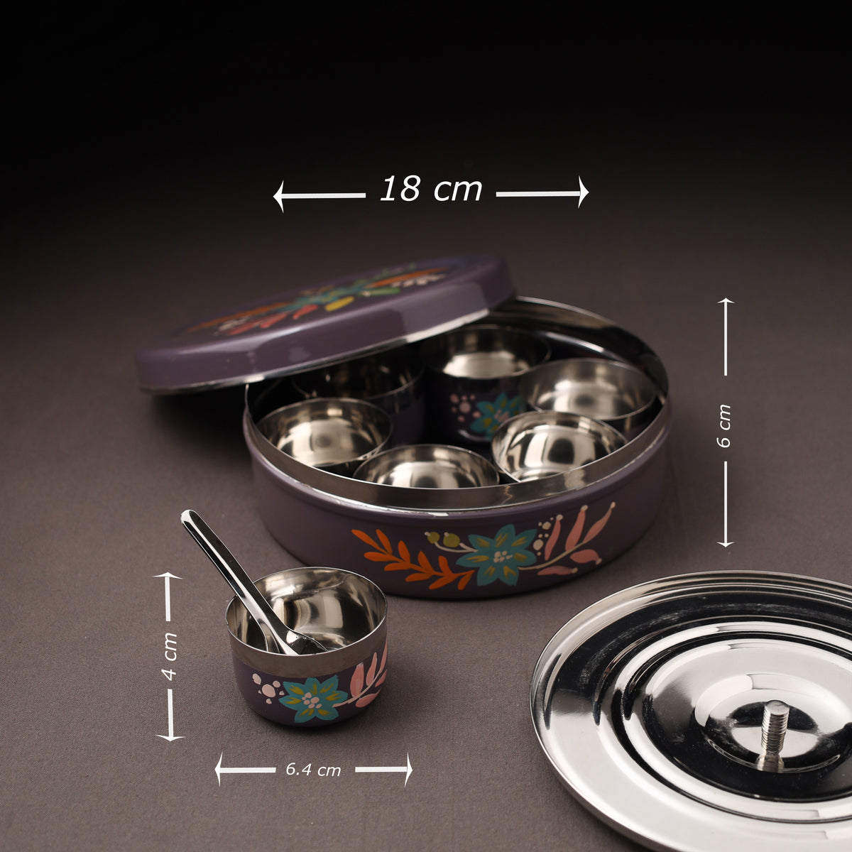 Floral Handpainted Enamelware Stainless Steel Masala Box (7 x 7 in) 15