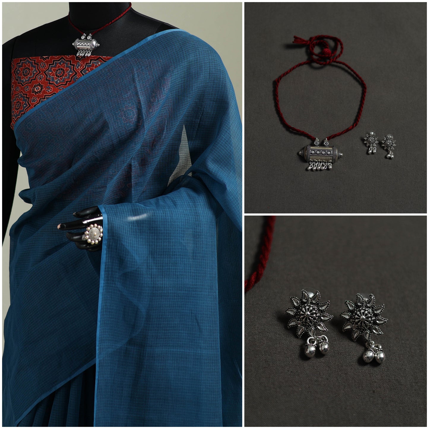 Blue - Nazaakat Kota Doria Cotton Plain Saree with Blouse & Jewellery Set 177