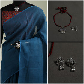 Blue - Nazaakat Kota Doria Cotton Plain Saree with Blouse & Jewellery Set 177