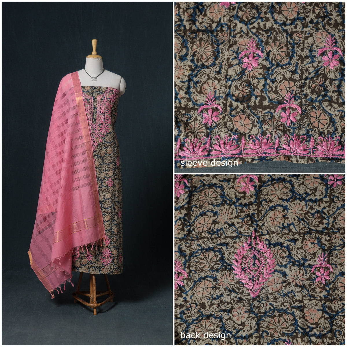Lucknowi Chikankari Hand Work Unstitched Dress Material: Kurta & Dupatta with Jewellery 15
