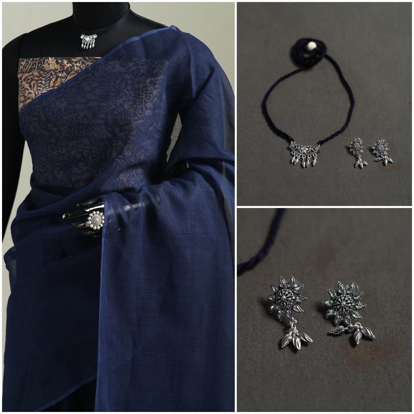 Blue - Nazaakat Kota Doria Cotton Plain Saree with Blouse & Jewellery Set 148