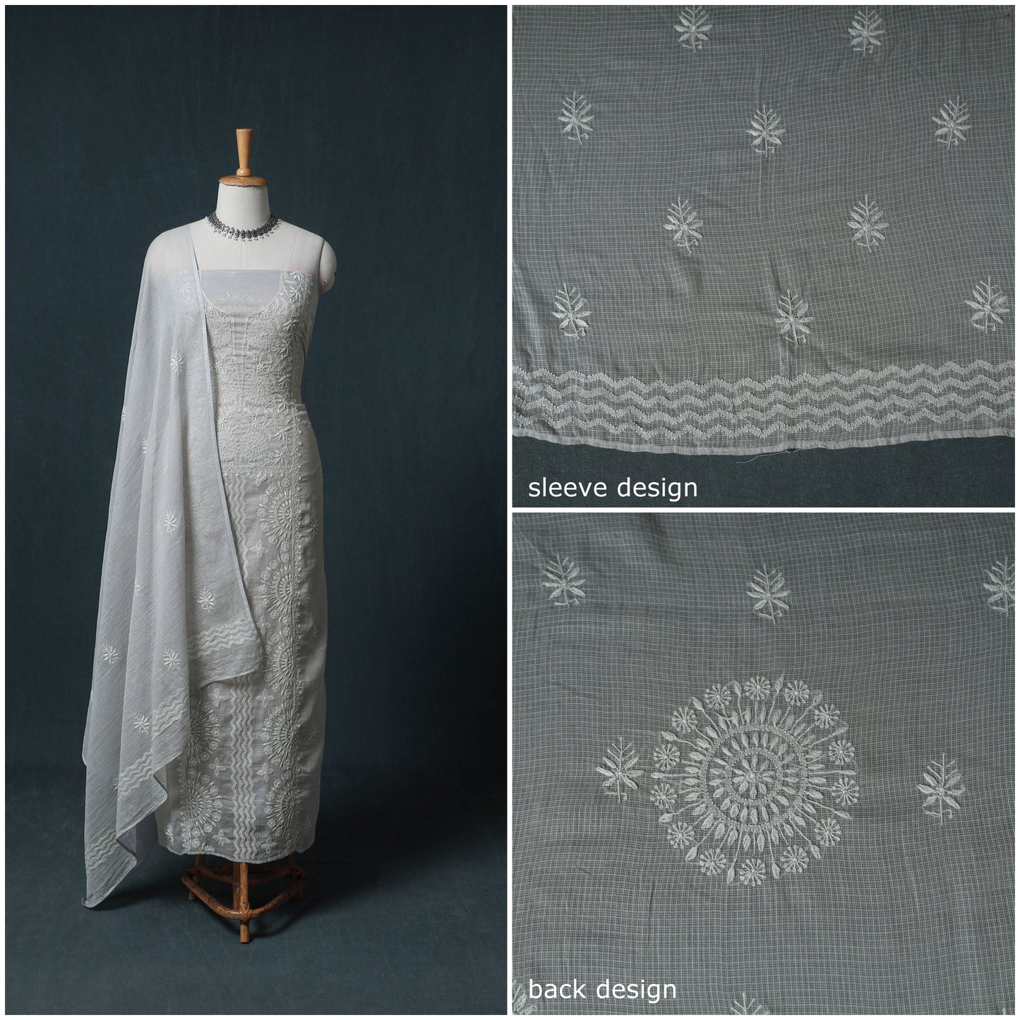 Lucknowi Chikankari Kota Doria Cotton Semi Stitched Dress Material: Kurta with Dupatta 15