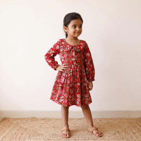 Red - Pure Cotton Girls Frock Dress in Sanganeri Floral Prints (3-4 Years) 28