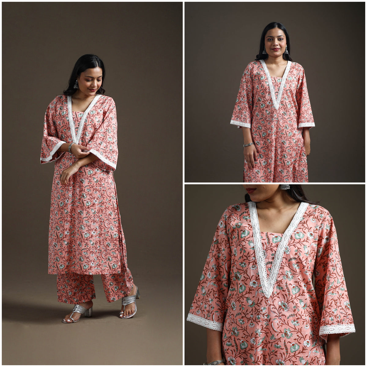 Pink - floral sanganeri print cotton lace work straight