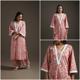Pink - floral sanganeri print cotton lace work straight