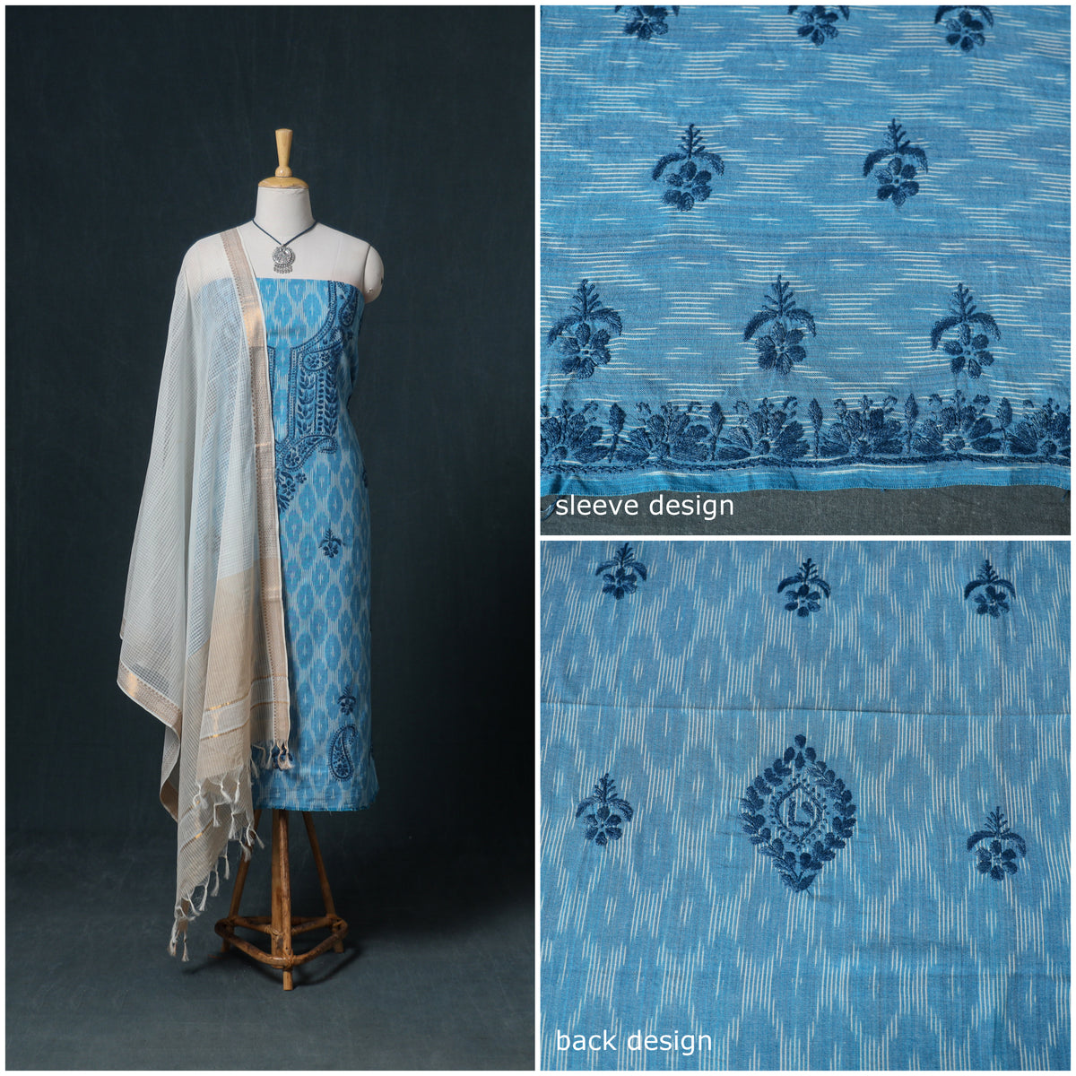 Lucknowi Chikankari Hand Work Unstitched Dress Material: Kurta & Dupatta with Jewellery 58