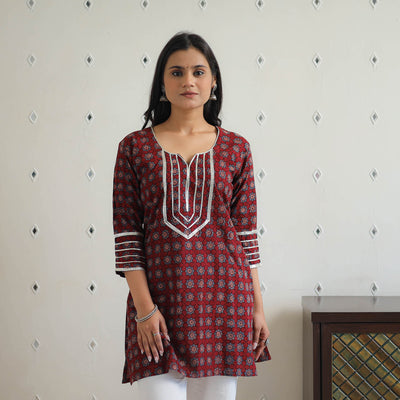 Maroon - Block Printed Cotton Gota Work Short Ajrakh Kurta 16