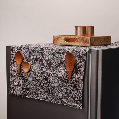 Black Kalamkari Block Printed Fridge Top Cover with Handle Cover