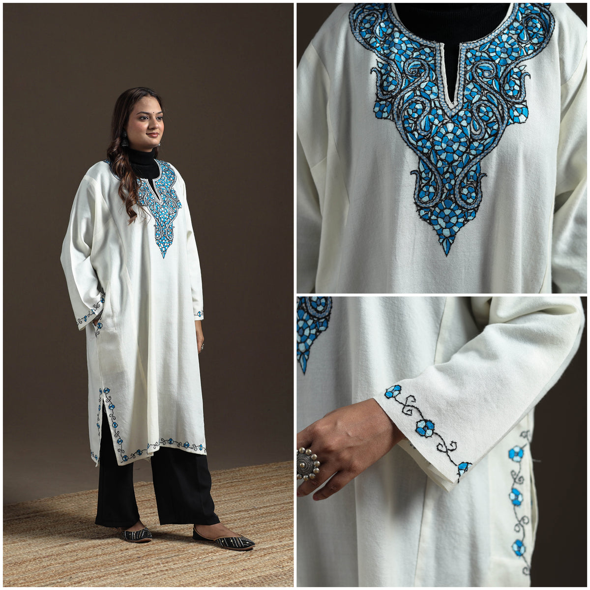 Kashmiri Sozni Hand Embroidered Handwoven Merino Wool Pheran 15