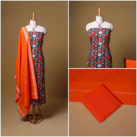Floral Sanganeri Block Print Cotton Unstitched Dress Material: Kurta, Bottom & Dupatta with Jewellery 15