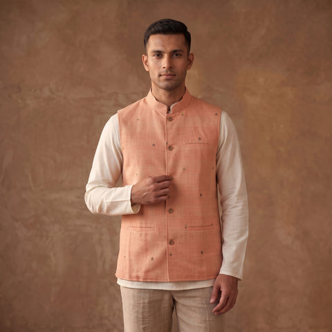 Handwoven Cotton Nehru Jacket for Men in Jamdani Buti of Srikakulam 08