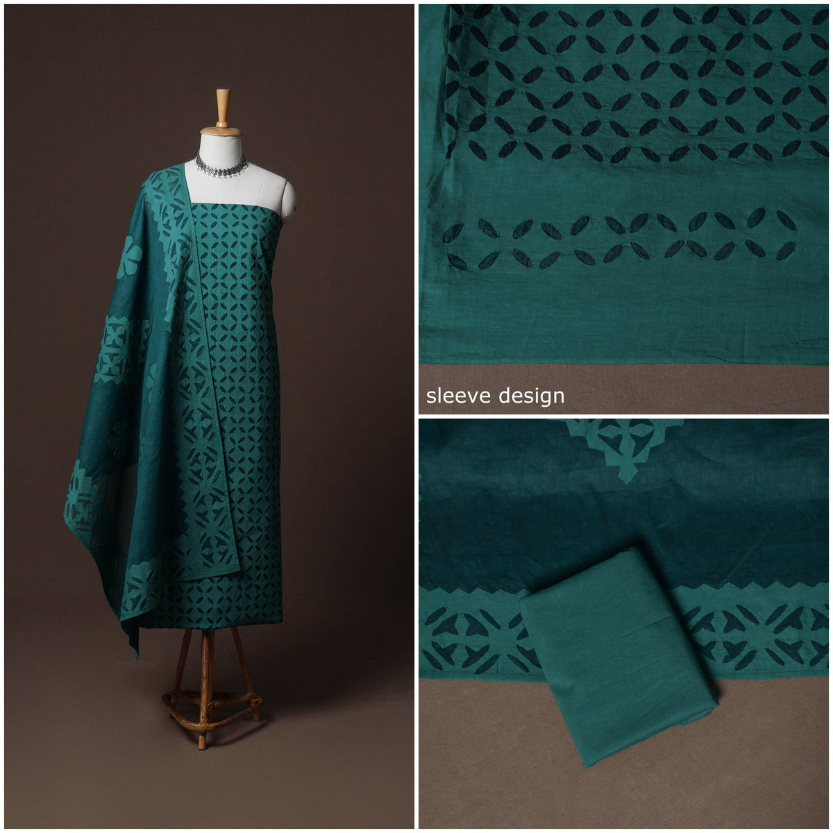 Applique Cutwork Cotton Unstitched Dress Material: Kurta, Bottom & Dupatta 16