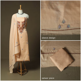 Beige - Sozni Hand Embroidery Pure Silk 3pc Unstitched Dress Material Suit Set 26