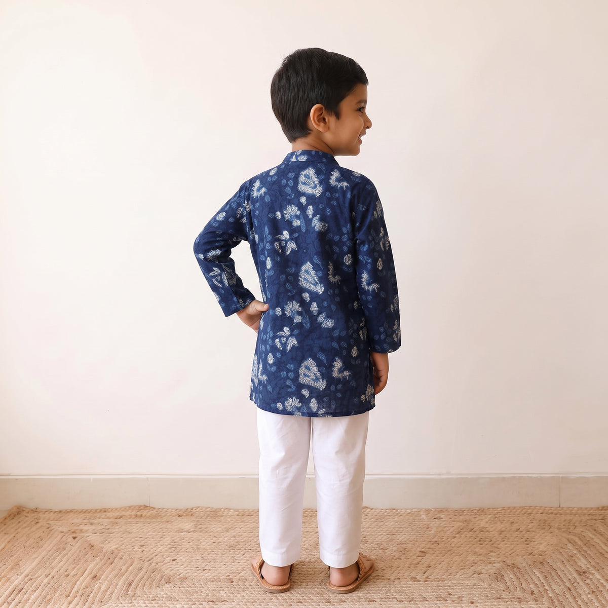 Blue - kids pure cotton kurta in indigo bagru block prints
