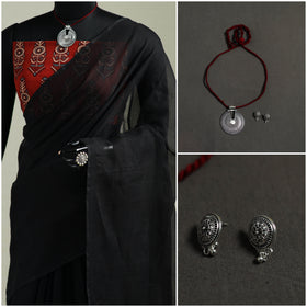 Black - Nazaakat Kota Doria Cotton Plain Saree with Blouse & Jewellery Set 16