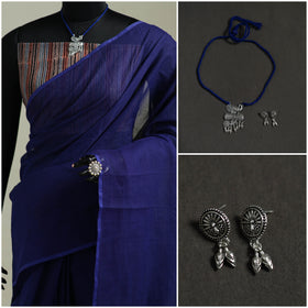 Blue - Nazaakat Kota Doria Cotton Plain Saree with Blouse & Jewellery Set 44