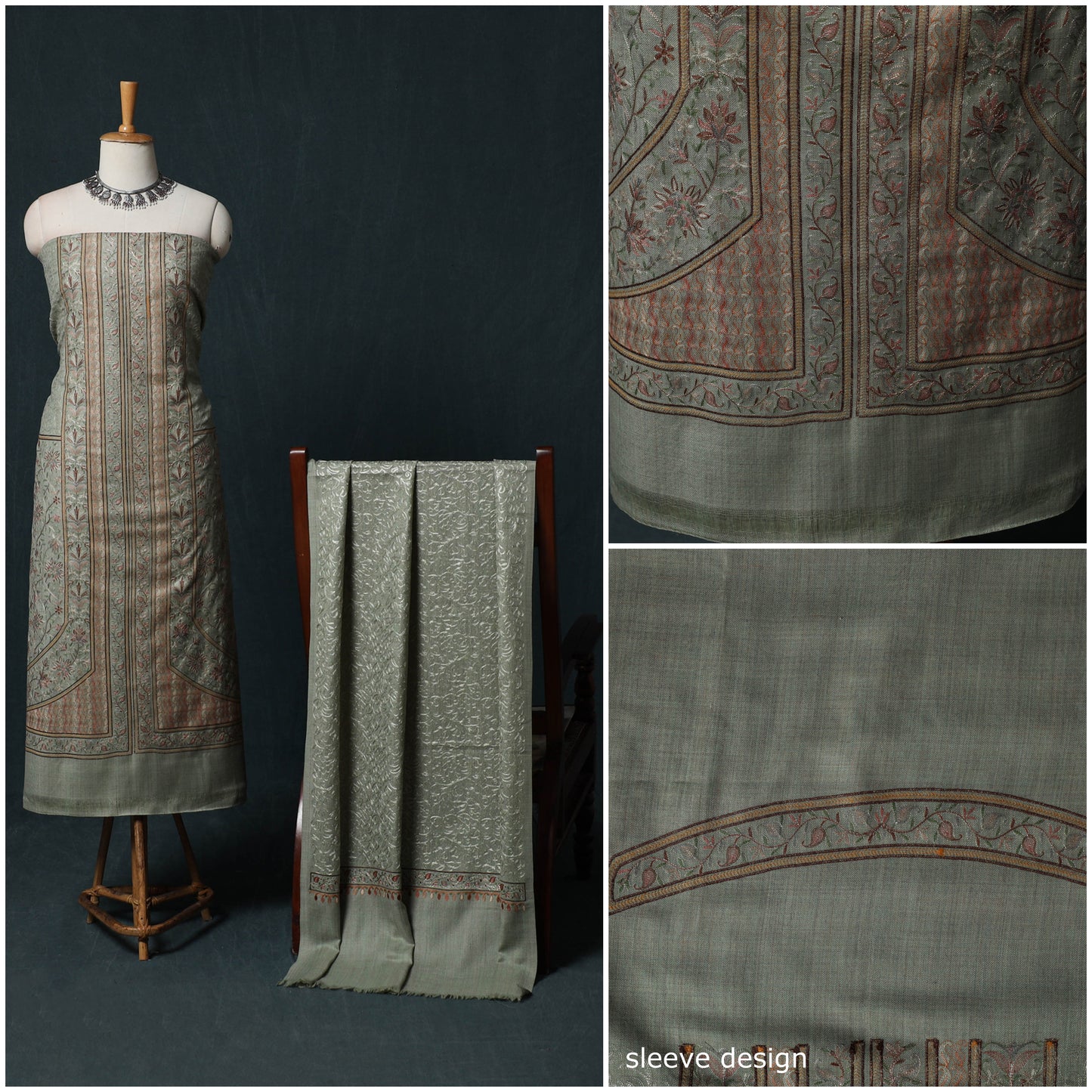 3pc Heavy Chain Stitch Embroidered Wool Unstitched Dress Material Suit Set 60