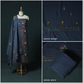 Blue - Hand Embroidered Cotton 3pc Unstitched Dress Material 46