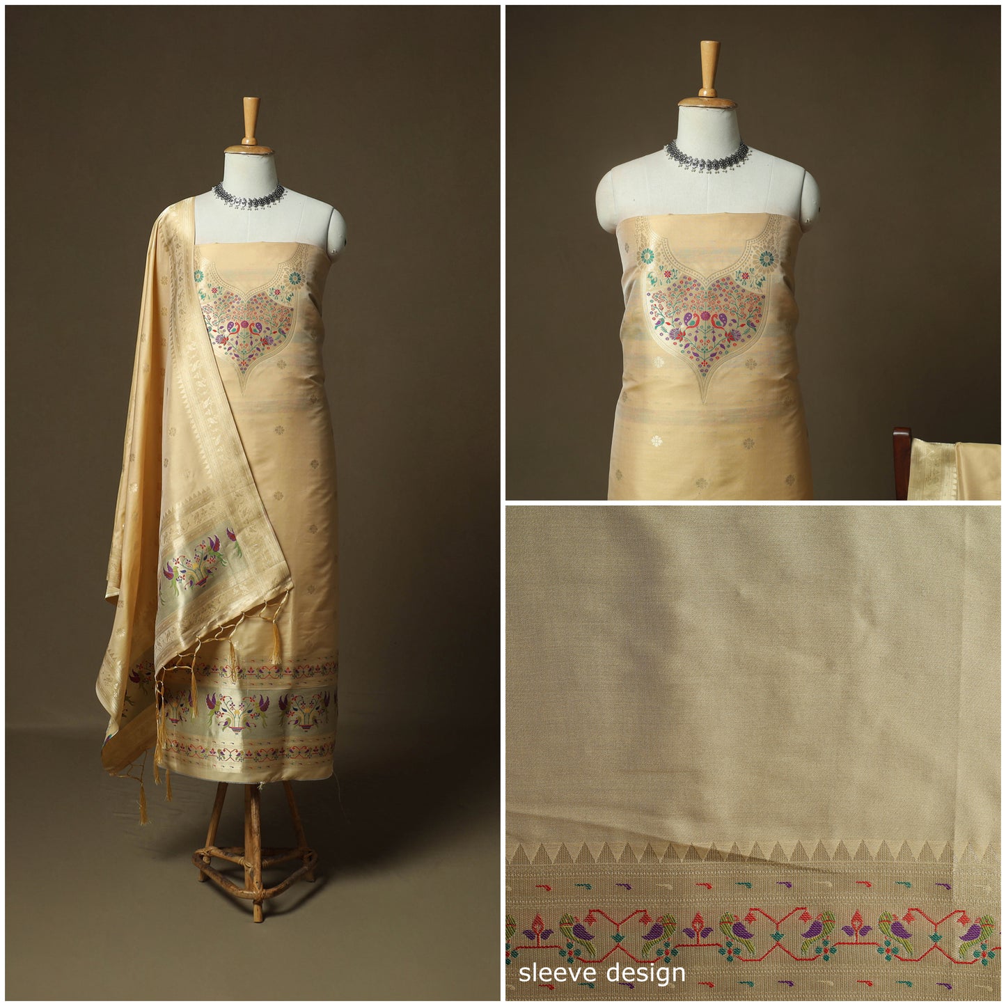 Beige - Bangalore Silk Paithani Weave 3pc Unstitched Dress Material Suit Set 16