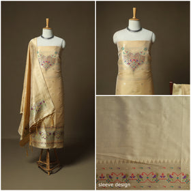 Beige - Bangalore Silk Paithani Weave 3pc Unstitched Dress Material Suit Set 16
