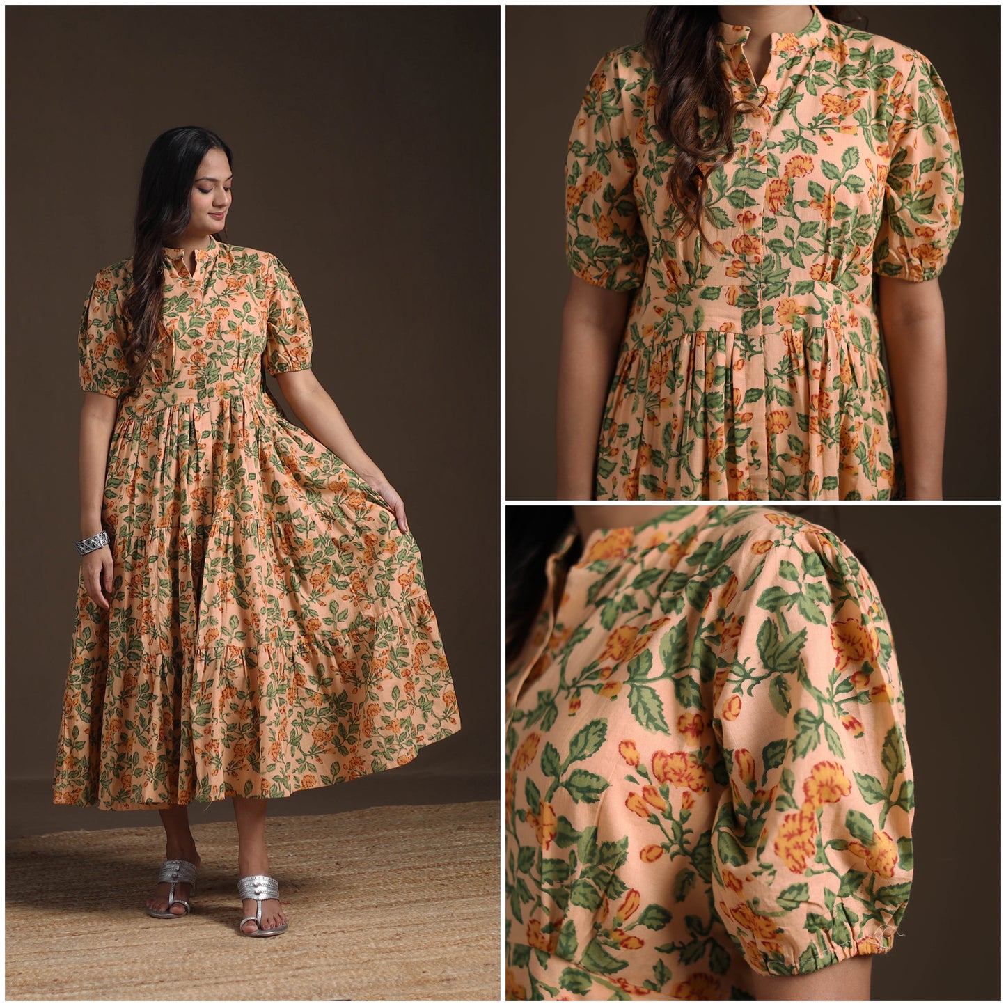 Sanganeri Floral Hand Block Print Cotton Tiered Long Dress for Women 08
