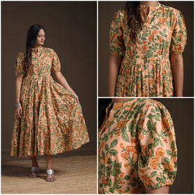 Sanganeri Floral Hand Block Print Cotton Tiered Long Dress for Women 08