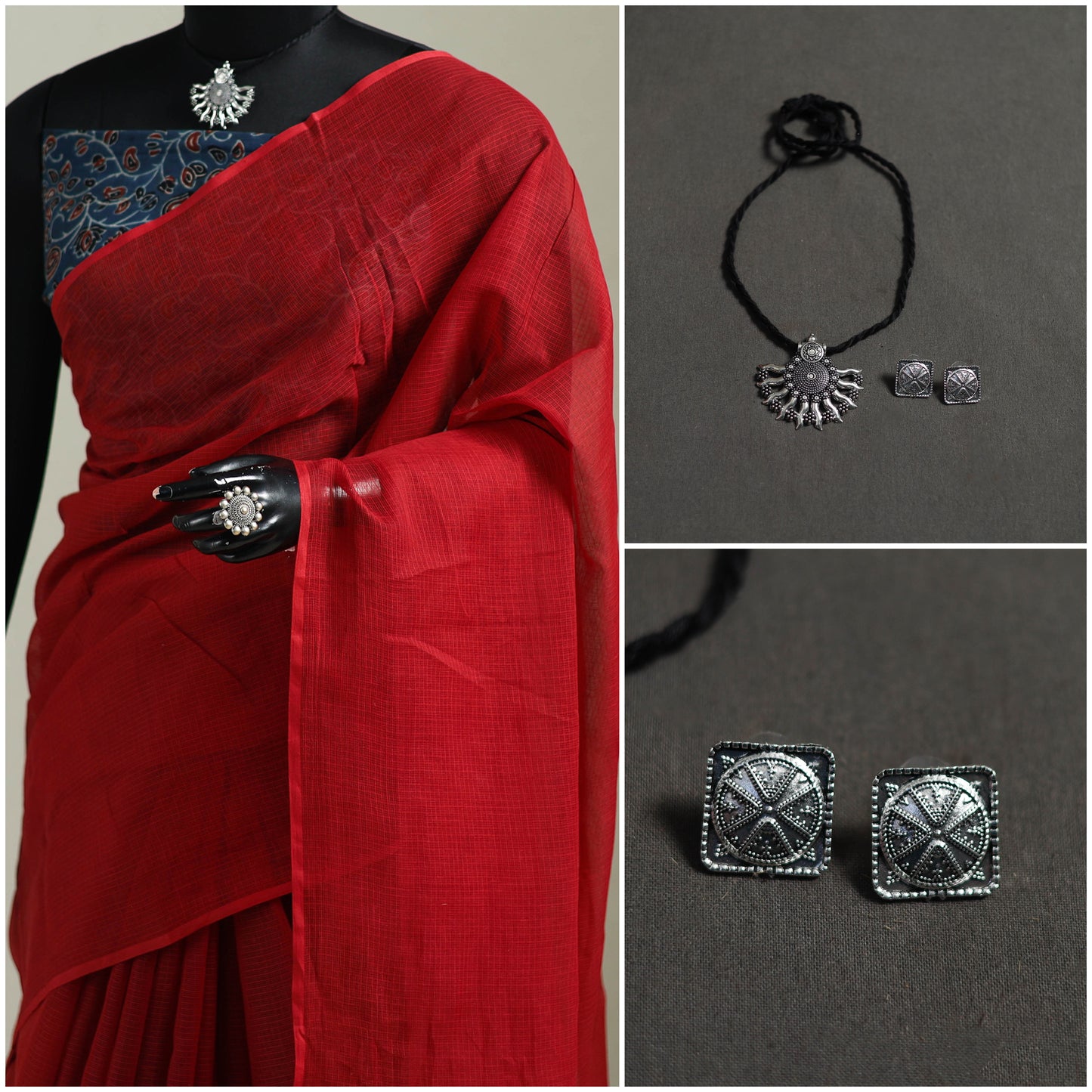 Red - Nazaakat Kota Doria Cotton Plain Saree with Blouse & Jewellery Set 150