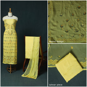 Yellow - Hand Embroidered Georgette 3pc Unstitched Dress Material 14