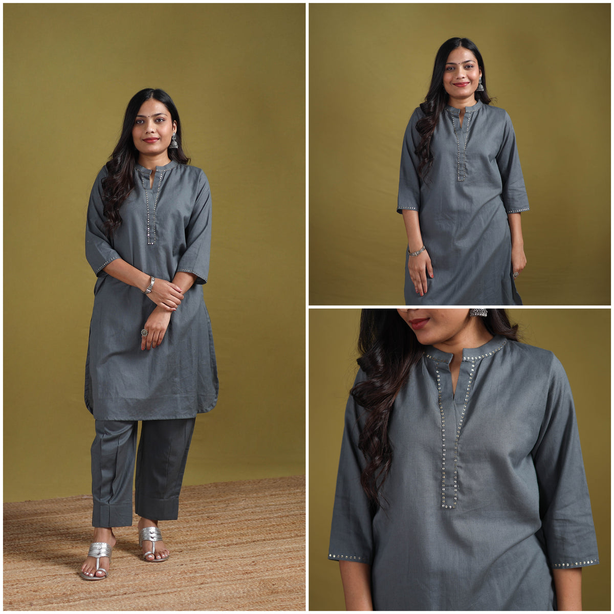 Sequin Work Flex Cotton Plain Straight Kurta with Pant Set for women 11