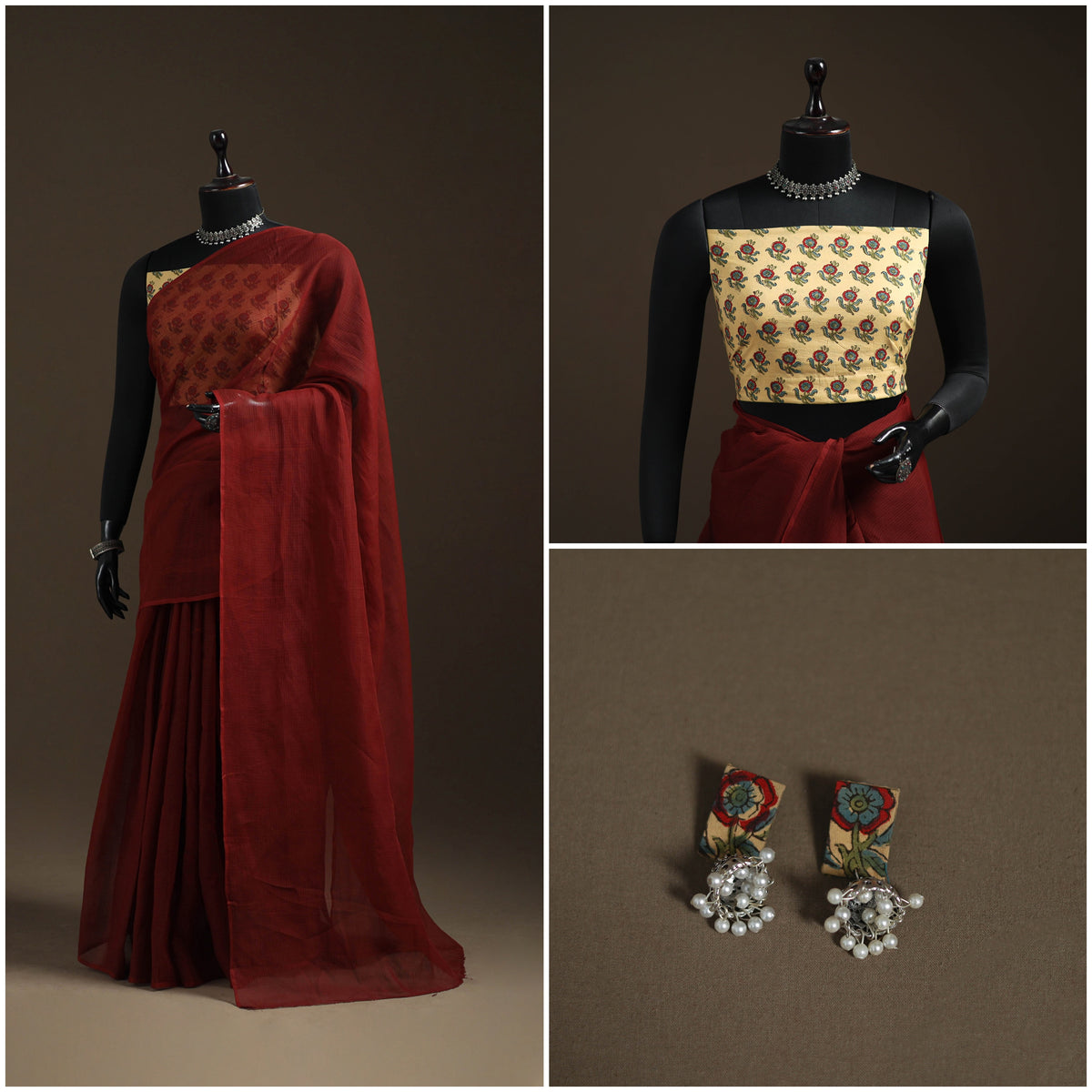 Maroon - Nazaakat Kota Doria Cotton Plain Saree with Blouse Piece & Earrings 19