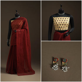 Maroon - Nazaakat Kota Doria Cotton Plain Saree with Blouse Piece & Earrings 19