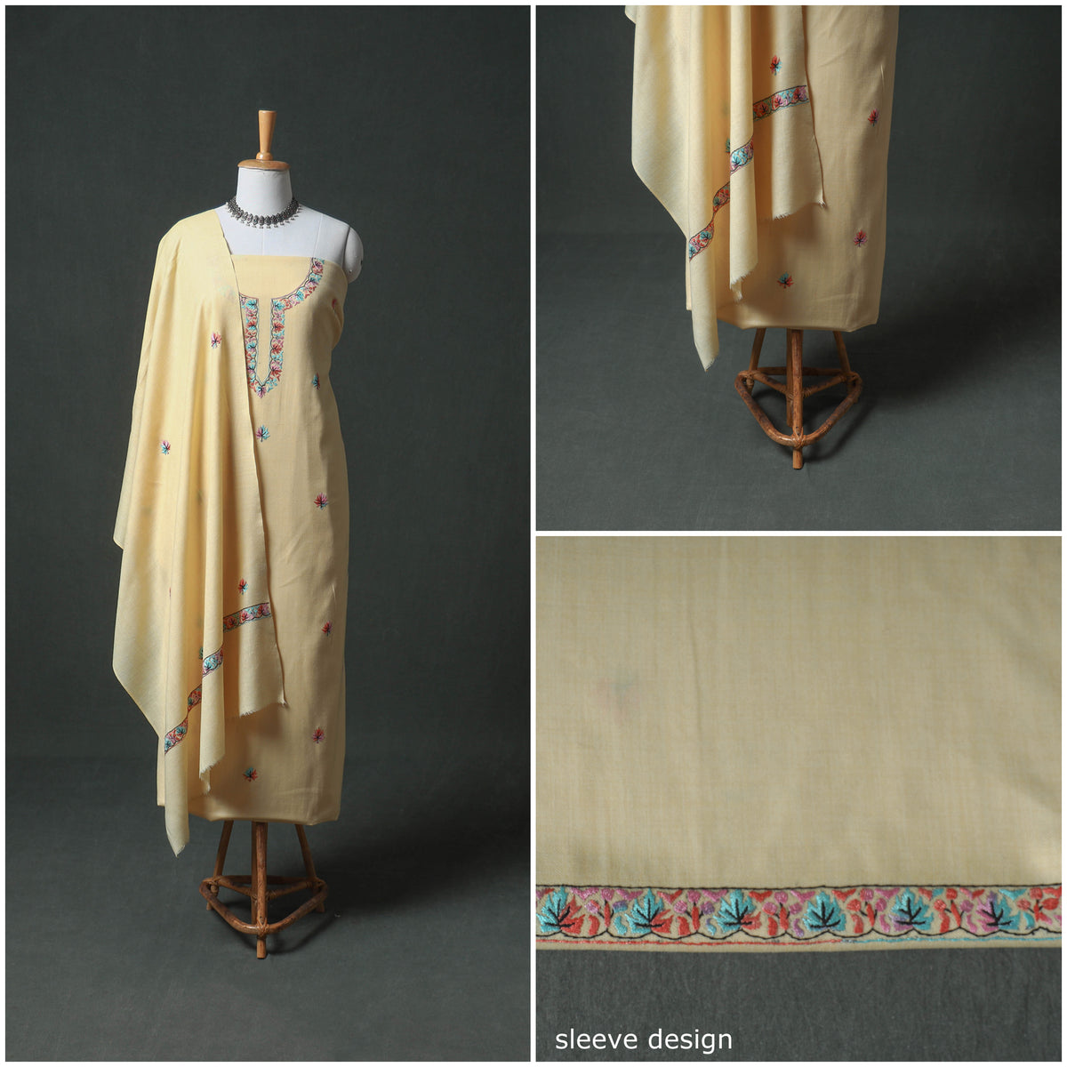 Kashmiri Sozni Hand Embroidered Pure Merino Wool Unstitched Dress Material: Kurta, Bottom with Dupatta 15
