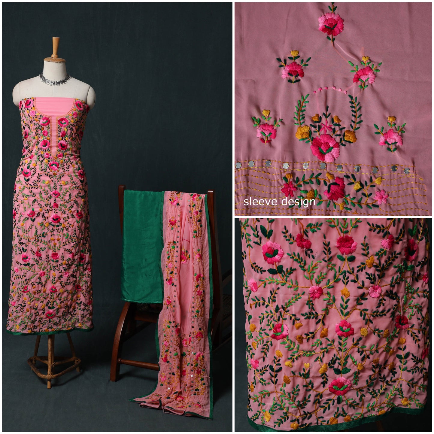 Hand Embroidered Georgette 3pc Unstitched Dress Material Suit Set 32