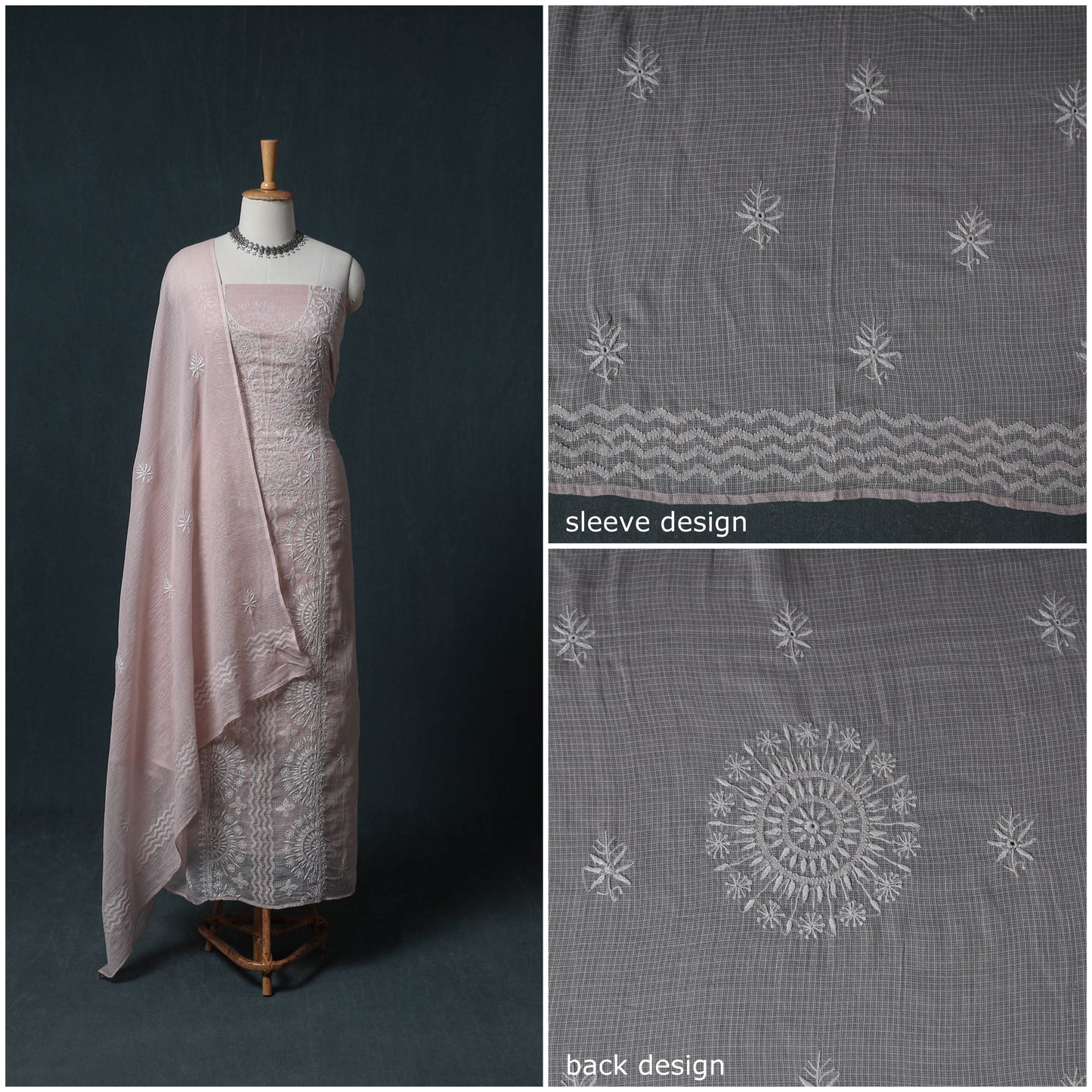 Lucknowi Chikankari Kota Doria Cotton Semi Stitched Dress Material: Kurta with Dupatta 16