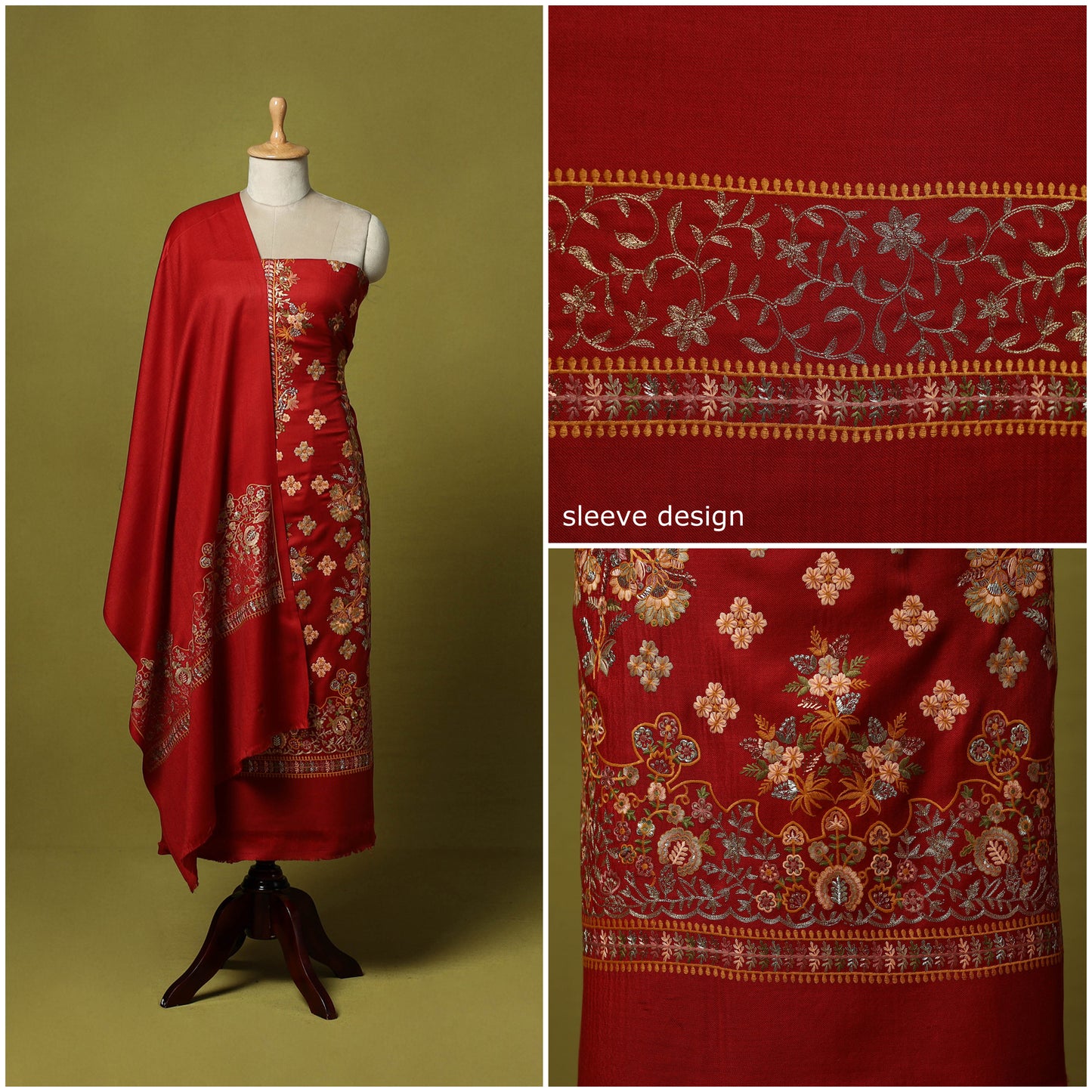 Red - 3pc Chain Stitch Embroidered Merino Wool Unstitched Dress Material 25