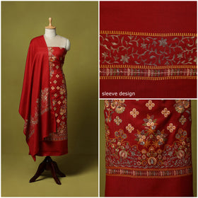 Red - 3pc Chain Stitch Embroidered Merino Wool Unstitched Dress Material 25