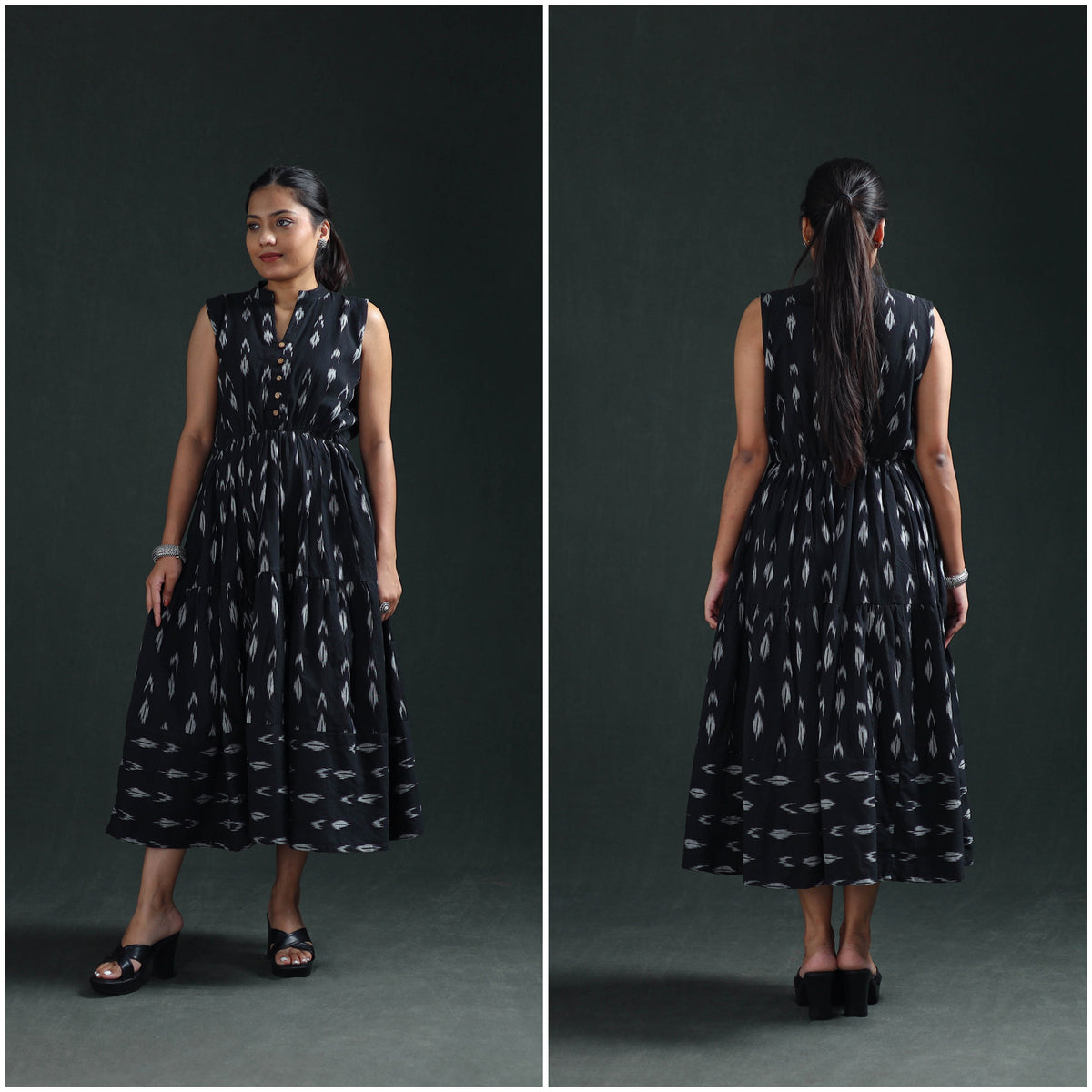 Pochampally Ikat Cotton Sleeveless Tiered Long Dress for Women 06
