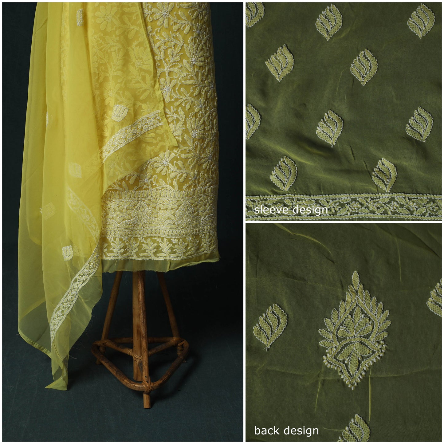 Yellow - Lucknowi Chikankari Hand Embroidered Georgette 3pc Unstitched Dress Material Suit Set 16