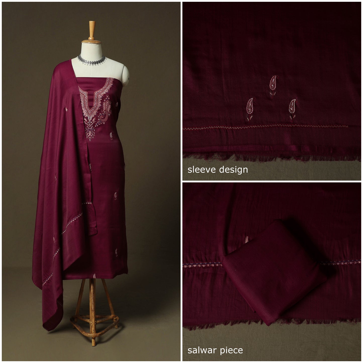 Purple - Sozni Hand Embroidery Pure Silk 3pc Unstitched Dress Material Suit Set 27