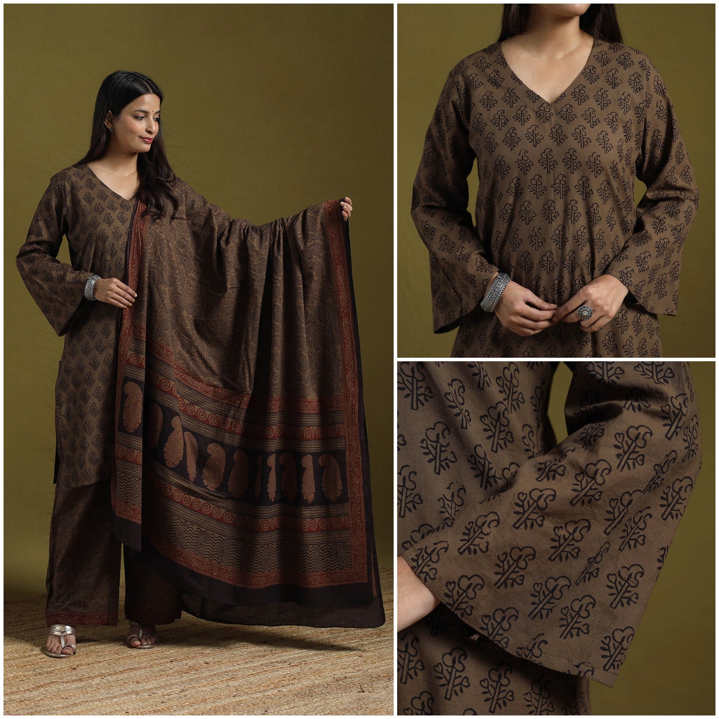 Natural Dyed Hand Block Bagh Print Cotton Suit Set with Dupatta for Women 19