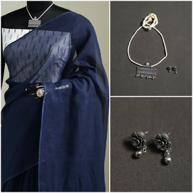 Blue - Nazaakat Kota Doria Cotton Plain Saree with Blouse & Jewellery Set 110