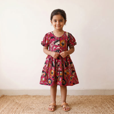 Pink - pure cotton girls frock dress in kalamkari prints