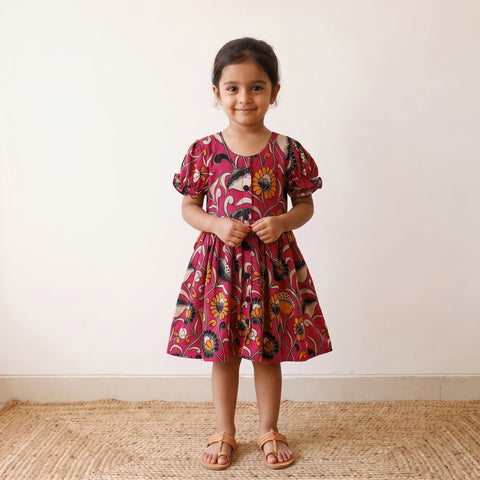 Pink - Pure Cotton Girls Frock Dress in Kalamkari Prints (3-4 Years) 29