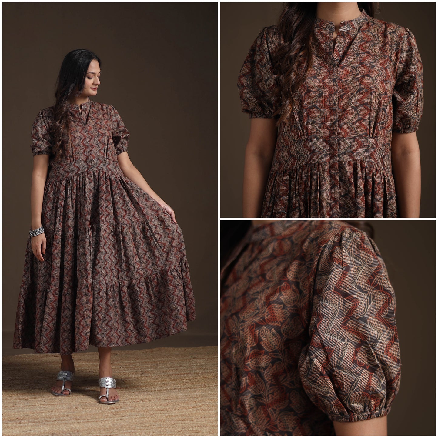 Sanganeri Floral Hand Block Print Cotton Tiered Long Dress for Women 07